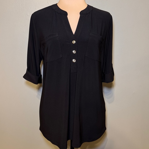 Vintage Ann Klein Black Blouse with Gold accents Size Large Quarter Roll Sleeves - Picture 1 of 7